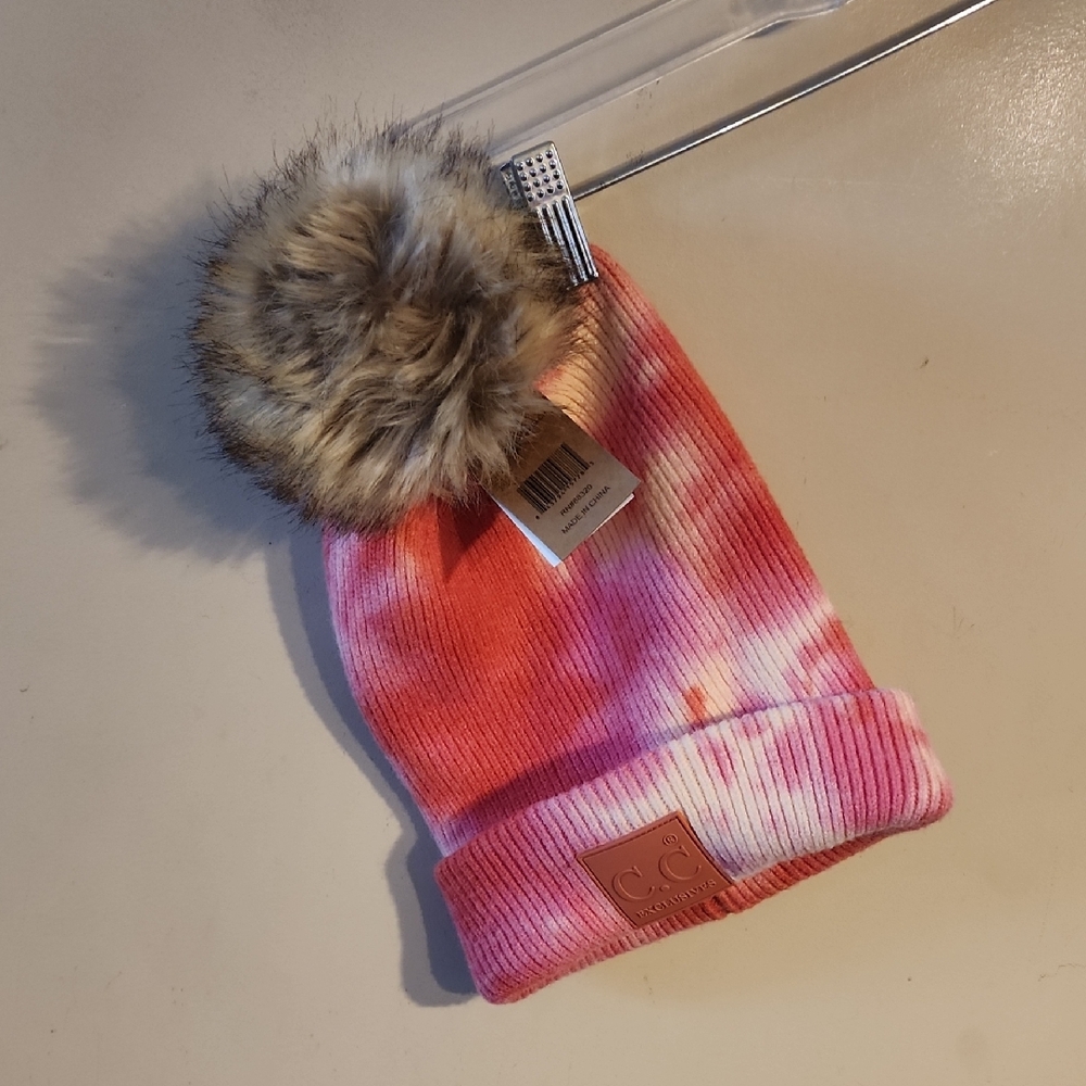 CC Tie-Dye Pink and White Beanie with Faux Fur Pom